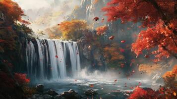 Autumnal Waterfall with Falling Leaves photo