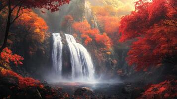 A Serene Waterfall Cascading through a Forest of Autumn Colors photo