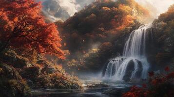 Majestic Waterfall Cascading Through Autumnal Forest photo