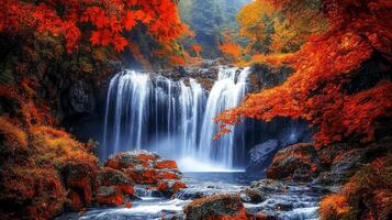 Majestic Waterfall Cascading Through Autumnal Forest photo