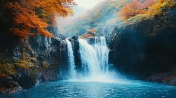 Majestic Waterfall Cascading Down a Cliffside in Autumnal Forest photo