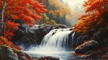 A Tranquil Waterfall Cascading Through Autumnal Forest photo