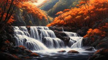 Cascading Waterfall Amidst Vibrant Autumn Foliage photo