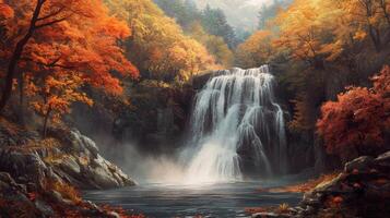 Autumnal Forest Waterfall with Vibrant Foliage and Misty Atmosphere photo