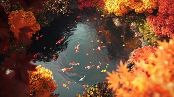 Autumnal Pond with Koi Fish and Falling Leaves photo