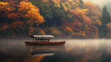 A Wooden Boat Docked on a Misty Lake Surrounded by Autumn Foliage photo
