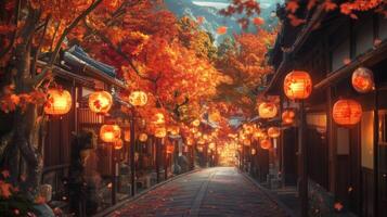 Japanese Street Lined with Lanterns Under Autumnal Canopy photo