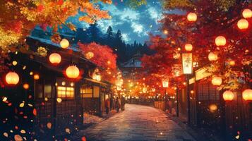 Illuminated Street in a Japanese Town with Autumn Leaves and Lanterns photo