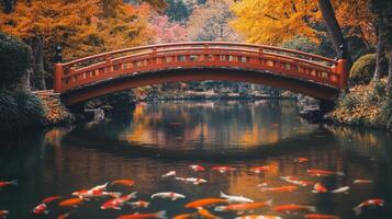 Red Bridge Over Koi Pond in Autumnal Forest photo