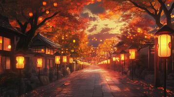 Japanese Street with Autumn Leaves and Lanterns at Dusk photo