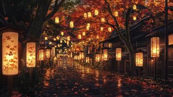 A Japanese Street Lined with Lanterns and Autumn Leaves photo