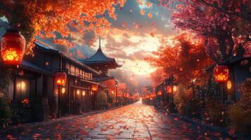 Autumnal Japanese Street with Lanterns and Falling Leaves photo