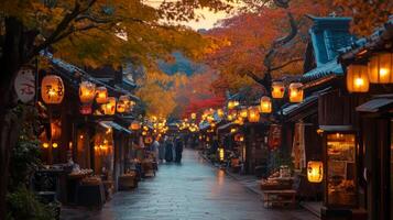 Illuminated Street in a Japanese Town at Dusk photo