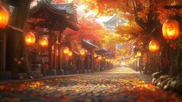 Cobblestone Path Lined with Autumn Trees and Lanterns in a Japanese Village photo