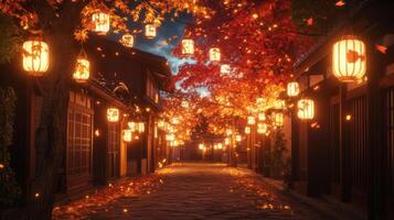 Japanese Street Lit by Lanterns Underneath a Canopy of Autumn Leaves photo
