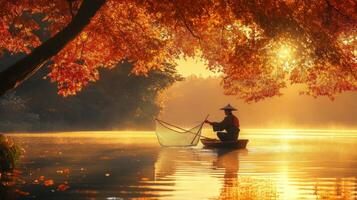 Fisherman in a Boat with a Net Under a Canopy of Autumn Leaves photo