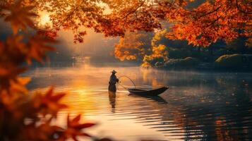 A Fisherman in a Conical Hat Casts a Net in a Misty Lake Surrounded by Autumn Foliage photo