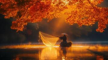 A Fisherman Casting a Net in a Golden Autumn Forest photo