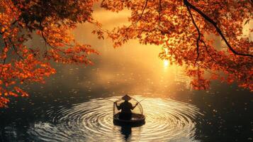 Silhouette of a Fisherman in a Boat on a Lake with Fall Foliage photo