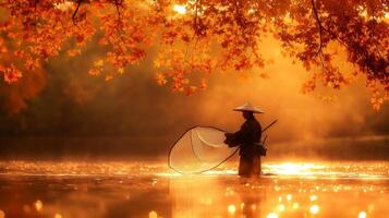 A Fisherman With A Net Stands In A Lake Under A Canopy Of Fall Foliage photo