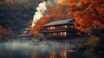 Traditional Japanese House on Misty River with Autumn Foliage photo