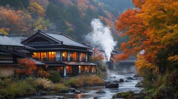 Traditional Japanese House with Steam Rising Near a River in Autumn photo