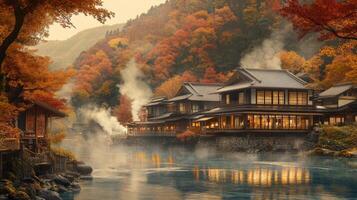 Traditional Japanese Inn with Autumn Foliage and Steam Rising from River photo