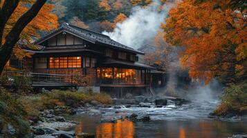 Japanese House with Smoke and Autumn Leaves by a River photo