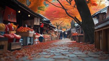 Autumnal Market Street in Japan with Red Maple Leaves photo