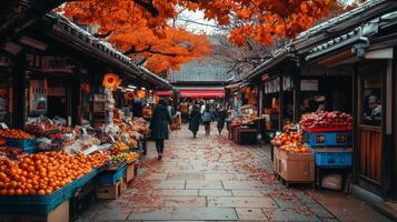 A Narrow Street Market with Fruit Stalls in Japan photo