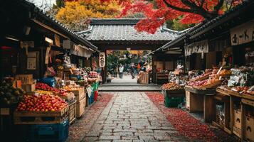 Japanese Market Street with Fall Foliage and Fruit Displays photo