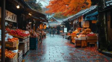 Wet Stone Street in Japan with Fruit Stalls and Falling Autumn Leaves photo