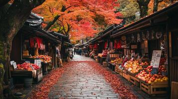 Autumnal Japanese Street Market with Fruit Stands and Cobblestone Path photo