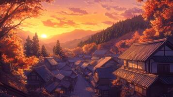 Japanese Village Sunset with Autumn Foliage photo