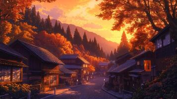 Japanese Village Street at Sunset with Autumn Foliage photo