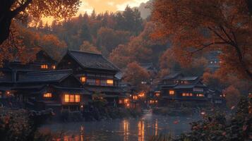 Traditional Japanese Houses in a Misty Autumn Forest photo