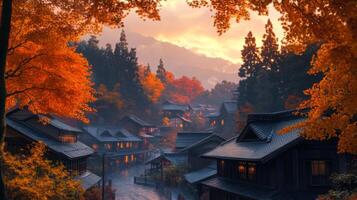 Japanese Village at Sunset with Autumn Foliage photo