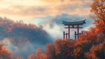 Red Torii Gate in Autumnal Japanese Mountain Landscape photo