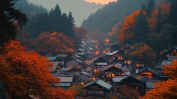 Misty Mountain Village with Autumn Foliage and Glowing Lights photo