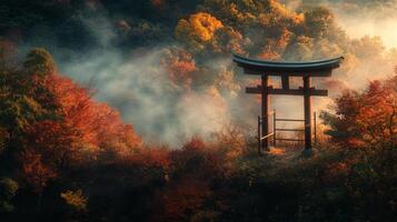 Torii Gate in a Misty Autumn Forest photo