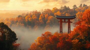 A Traditional Japanese Gate in a Misty Autumn Forest photo