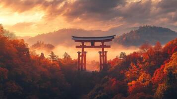 Japanese Torii Gate Surrounded by Autumnal Forest and Mist at Sunrise photo