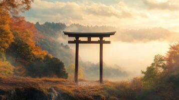 Traditional Japanese Torii Gate in a Misty Autumn Forest photo