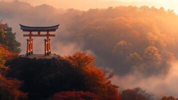 A Torii Gate Perched on a Cliff Overlooking a Misty Forest in Autumn photo