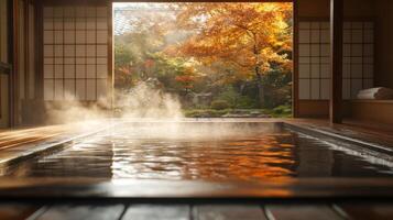 Japanese Onsen Bath with Autumnal View photo