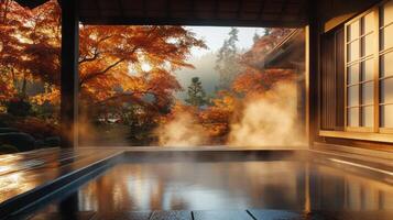Steam Rising from a Hot Spring Bath with Autumn Forest View photo