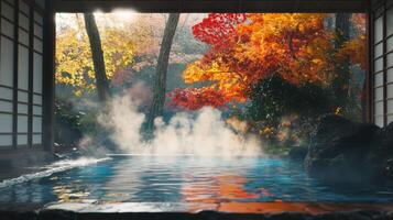 Tranquil Onsen Bath with Steam and Autumn Leaves photo