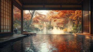 Japanese Onsen with Autumnal Forest View photo