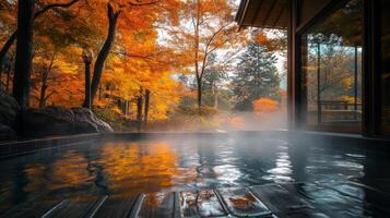 Tranquil Hot Spring Bath Surrounded by Autumn Foliage photo