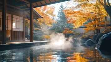 Steam Rising from a Hot Spring Surrounded by Autumn Trees photo